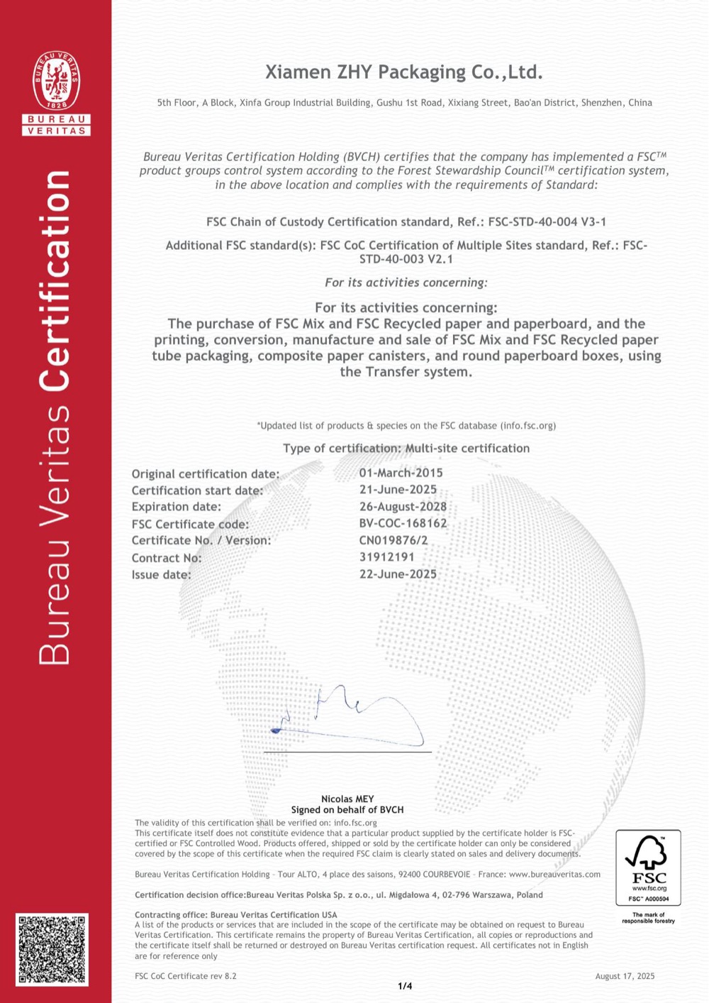 FSC Chain of Custody certificate scan