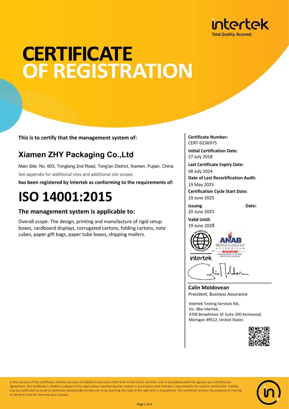 ISO 14001:2015 environmental management certificate scan