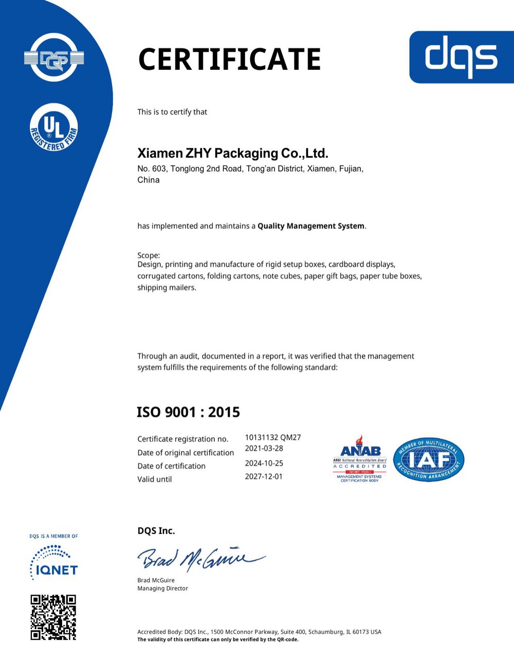 ISO 9001:2015 quality management certificate scan