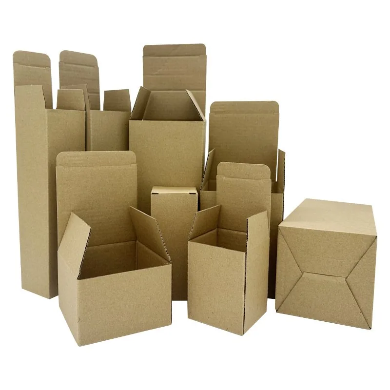 Kraft folding cartons in several sizes shown flat and assembled