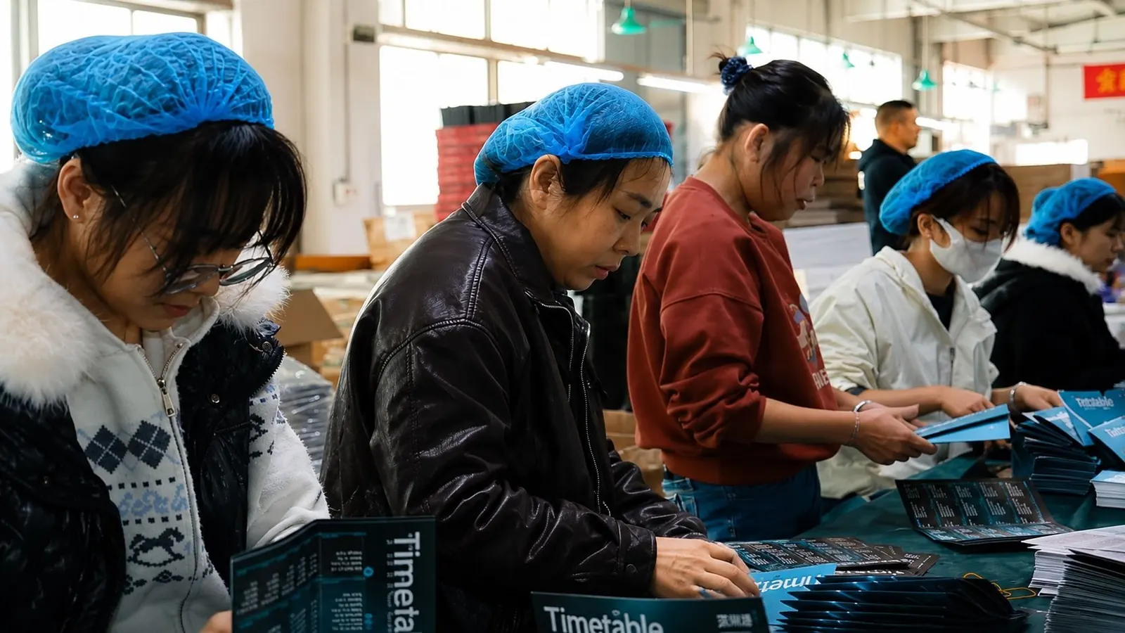 Manual packaging assembly team reviewing product packaging