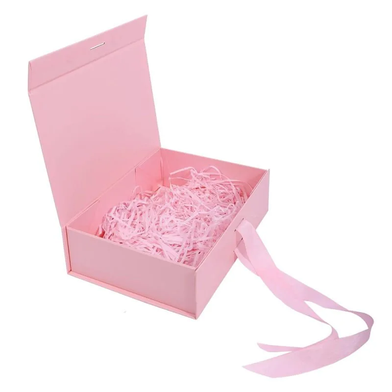 Unbranded pink rigid gift box with ribbon and paper filler