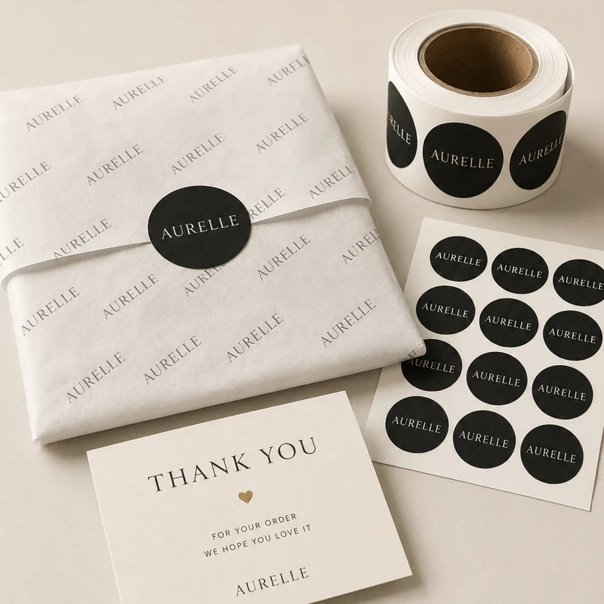 Illustrative product presentation showing custom packaging labels supplied on a roll