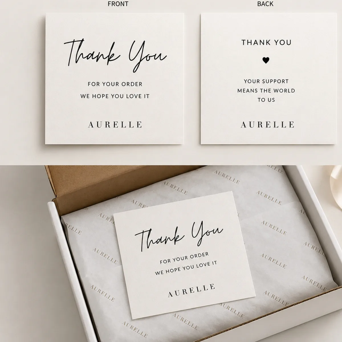 Illustrative product presentation showing the front, back, and in-package use of a thank-you card