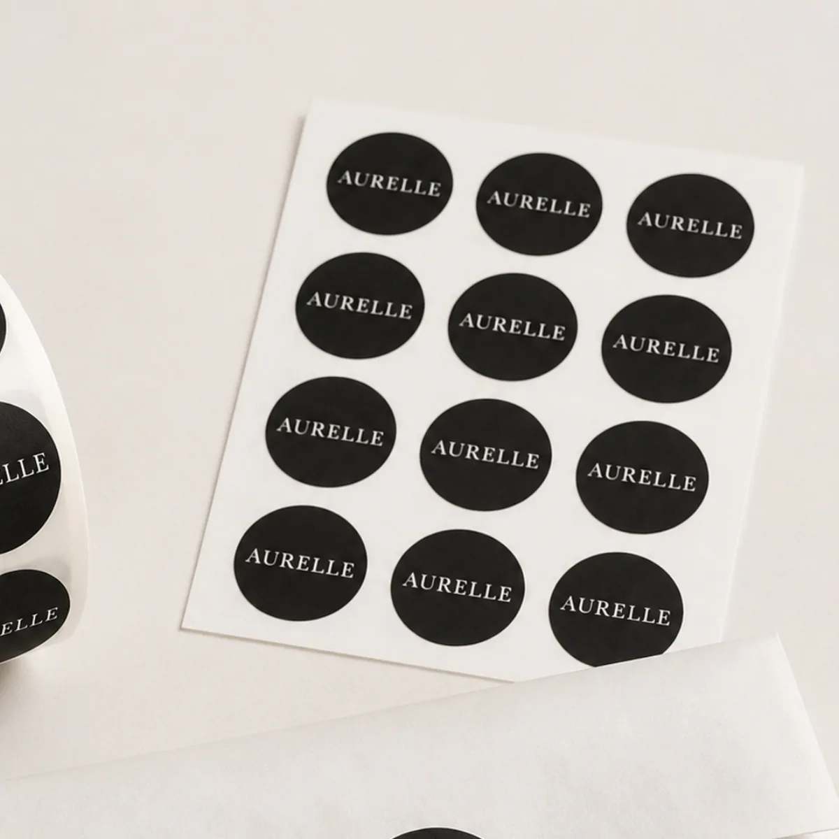 Illustrative product presentation showing custom labels in roll and sheet formats