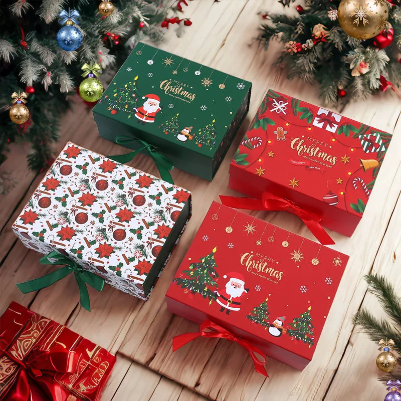 Printed Christmas magnetic folding gift boxes with ribbon closures