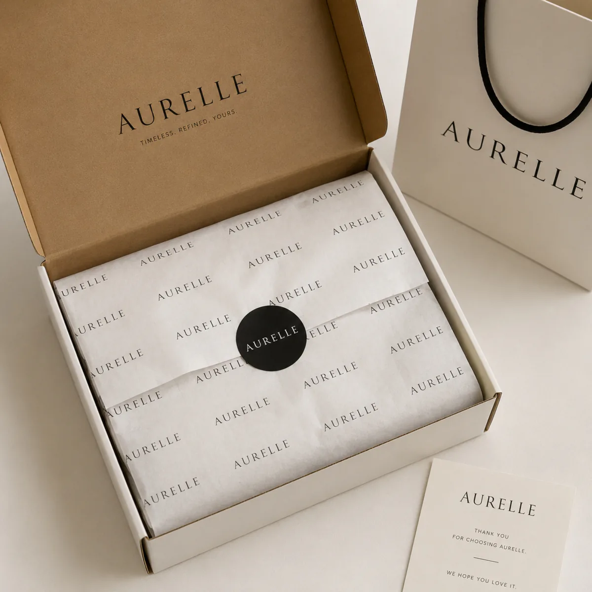 Illustrative branded packaging accessories presentation with printed tissue paper inside a package