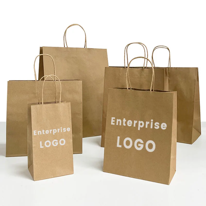 Brown kraft paper shopping bags in multiple sizes with twisted paper handles