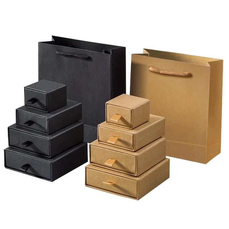 Black and kraft premium paper bags with coordinated rigid gift boxes