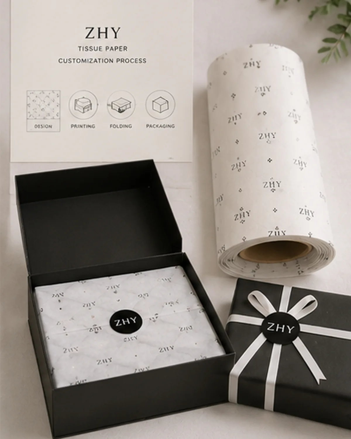 Illustrative custom tissue paper set showing artwork print folding and packaging context